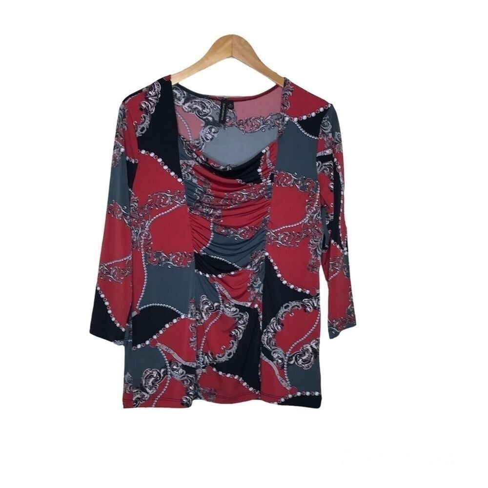 Susan Lawrence Womens Drape Front Pullover Top Size M Square Neck Black Red Gray